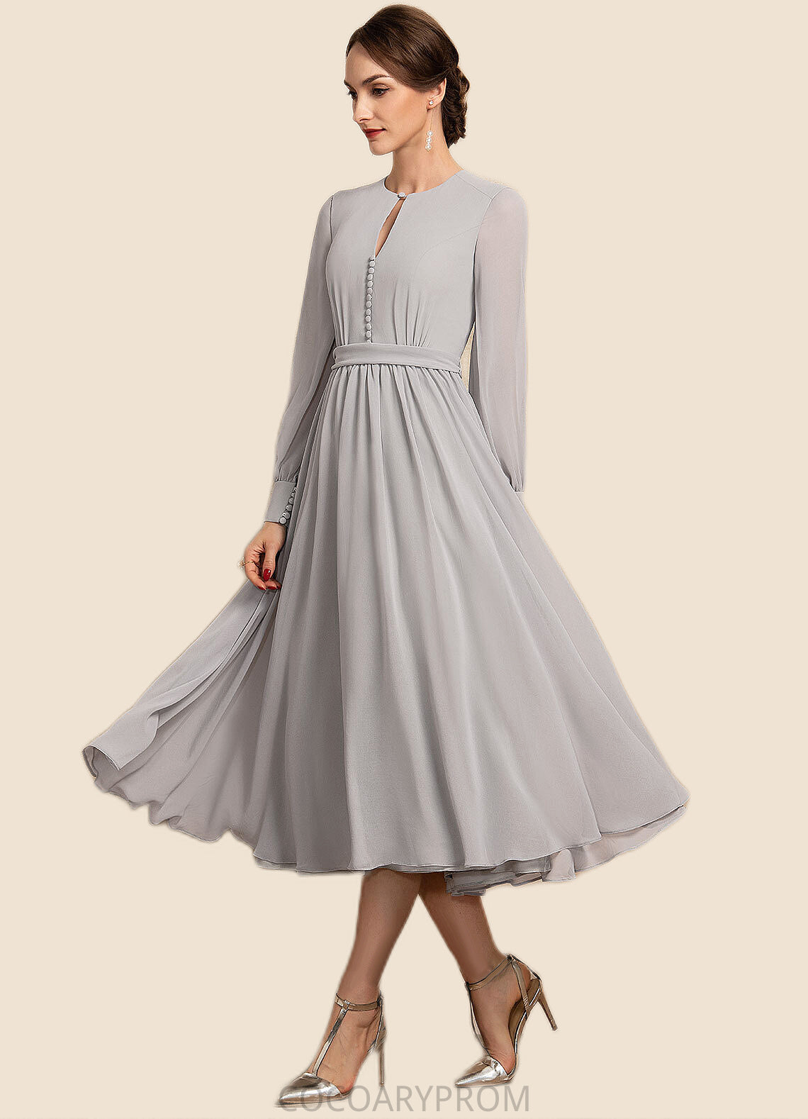 Ainsley A-Line Scoop Neck Tea-Length Chiffon Mother of the Bride Dress With Bow(s) DA8126P0014779