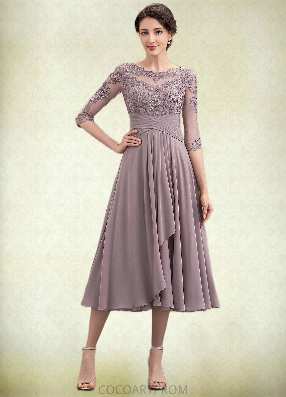 Kennedy A-Line Scoop Neck Tea-Length Chiffon Lace Mother of the Bride Dress With Cascading Ruffles DA8126P0014780