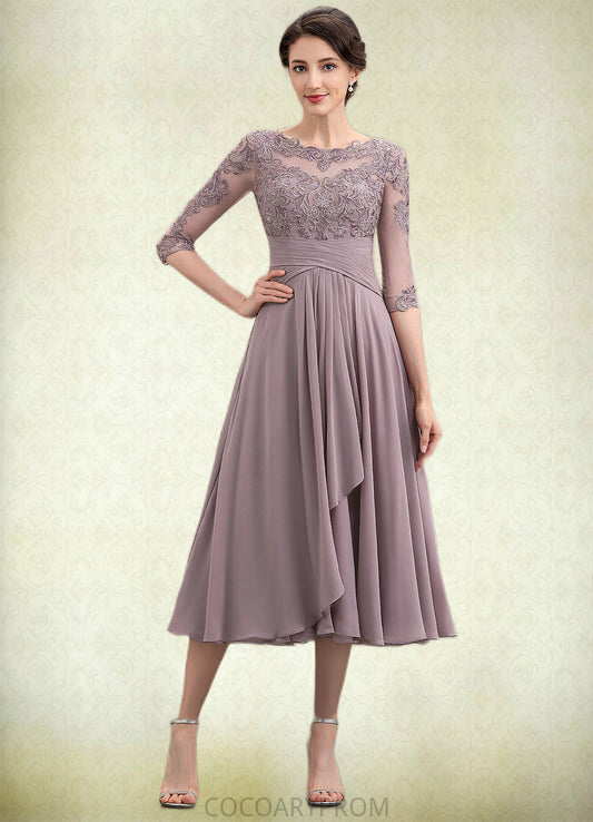 Kennedy A-Line Scoop Neck Tea-Length Chiffon Lace Mother of the Bride Dress With Cascading Ruffles DA8126P0014780