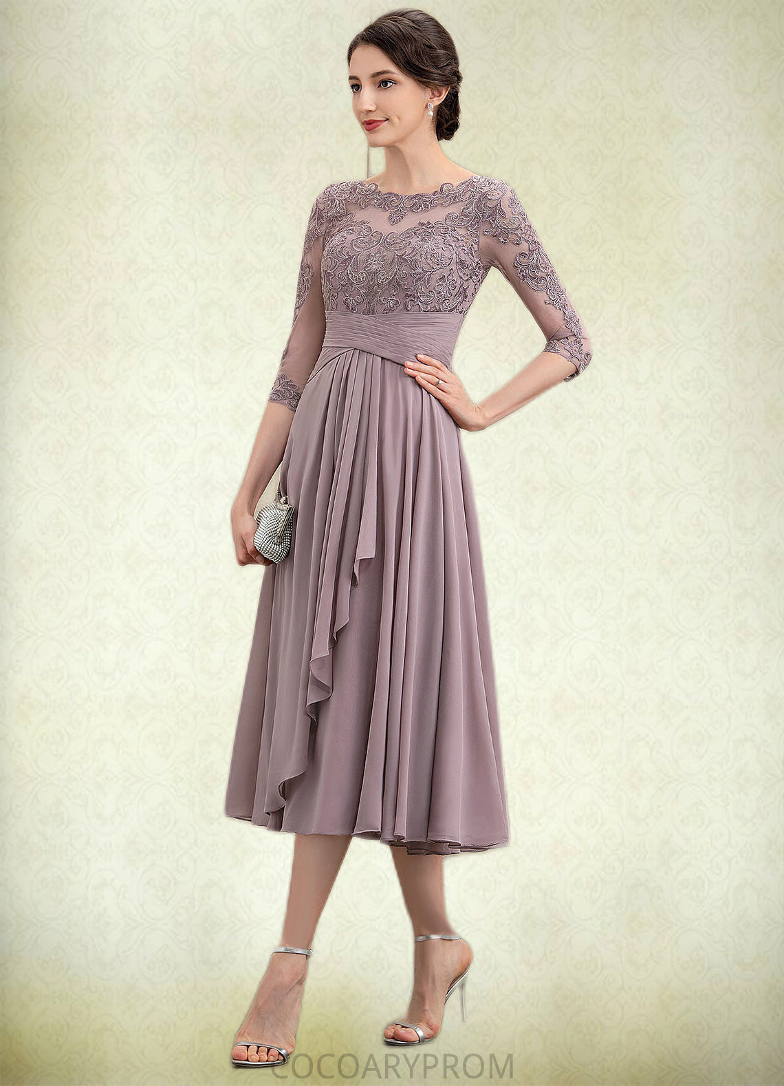 Kennedy A-Line Scoop Neck Tea-Length Chiffon Lace Mother of the Bride Dress With Cascading Ruffles DA8126P0014780