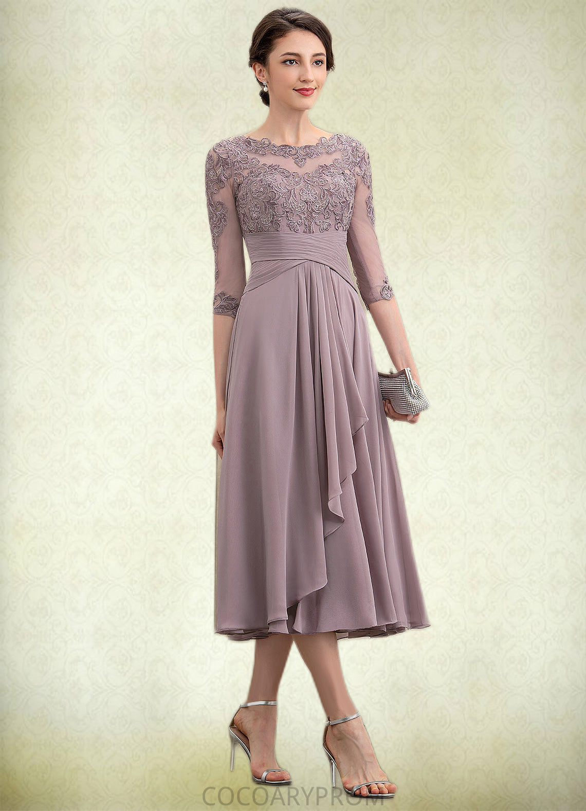 Kennedy A-Line Scoop Neck Tea-Length Chiffon Lace Mother of the Bride Dress With Cascading Ruffles DA8126P0014780