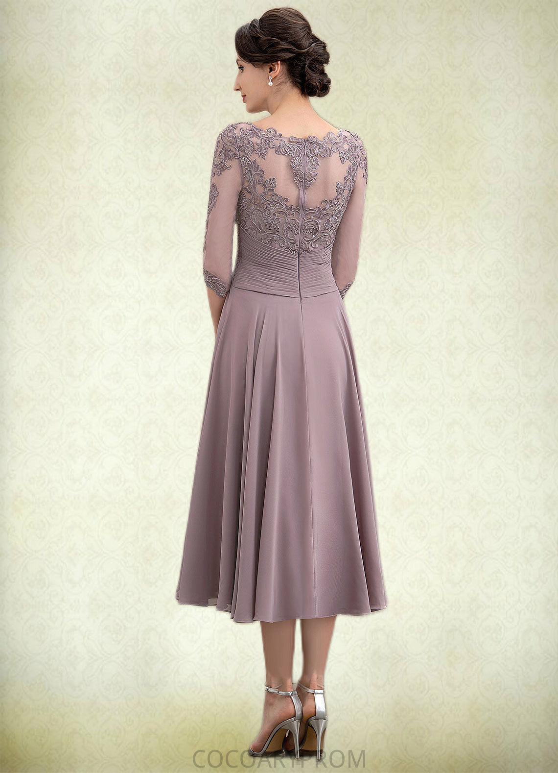 Kennedy A-Line Scoop Neck Tea-Length Chiffon Lace Mother of the Bride Dress With Cascading Ruffles DA8126P0014780