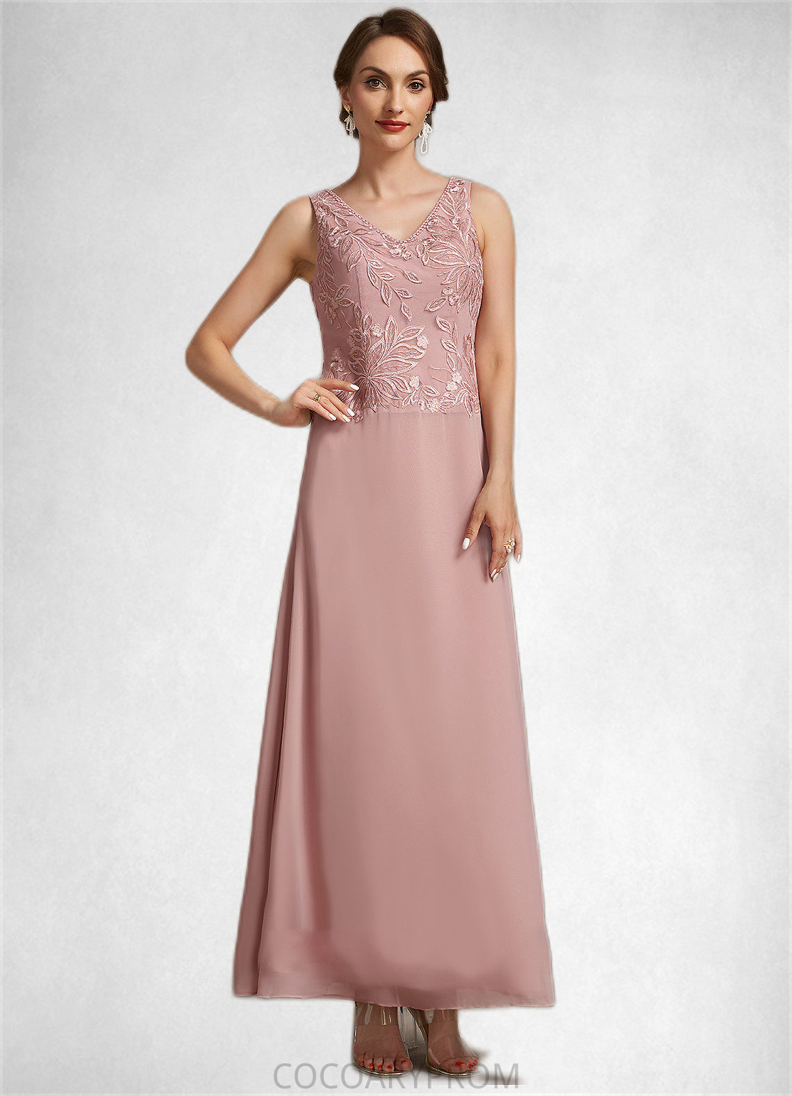 Lillie A-Line V-neck Ankle-Length Chiffon Lace Mother of the Bride Dress With Beading Sequins DA8126P0014784