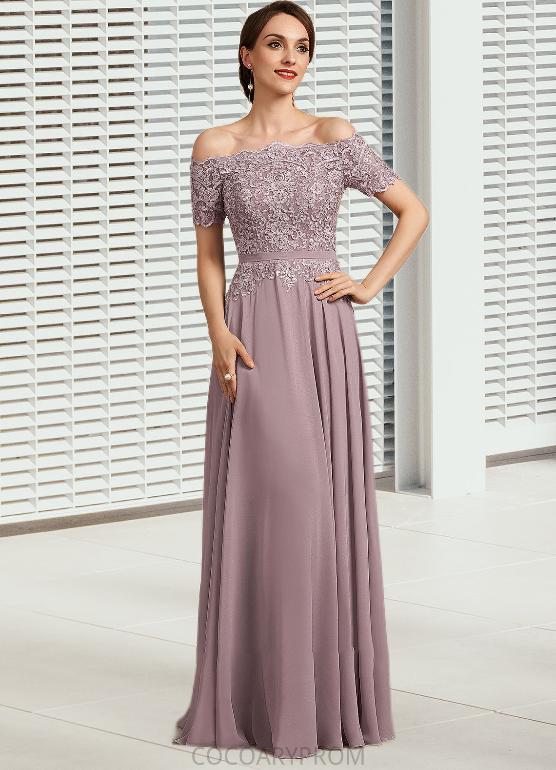 Kennedy A-Line Off-the-Shoulder Floor-Length Chiffon Lace Mother of the Bride Dress With Beading Sequins DA8126P0014785