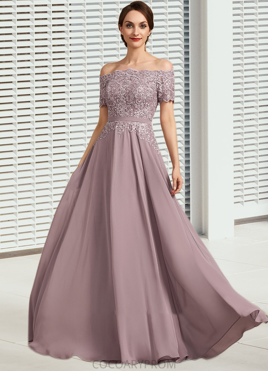 Kennedy A-Line Off-the-Shoulder Floor-Length Chiffon Lace Mother of the Bride Dress With Beading Sequins DA8126P0014785