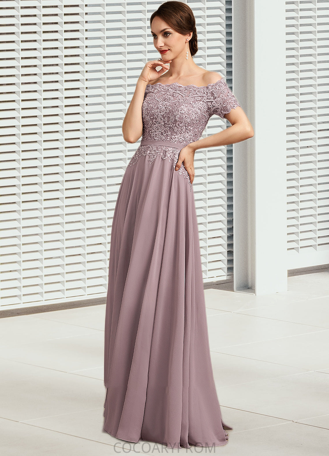 Kennedy A-Line Off-the-Shoulder Floor-Length Chiffon Lace Mother of the Bride Dress With Beading Sequins DA8126P0014785