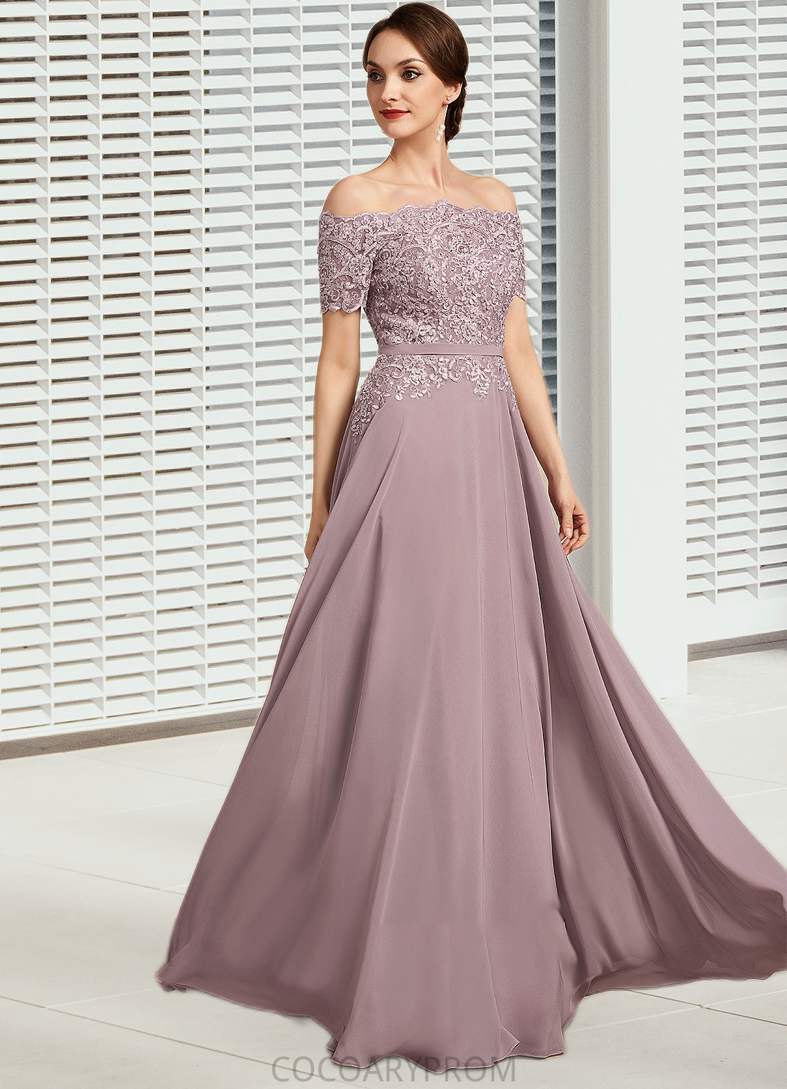 Kennedy A-Line Off-the-Shoulder Floor-Length Chiffon Lace Mother of the Bride Dress With Beading Sequins DA8126P0014785