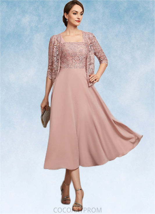 Makayla A-Line Square Neckline Tea-Length Chiffon Lace Mother of the Bride Dress With Beading Sequins DA8126P0014789