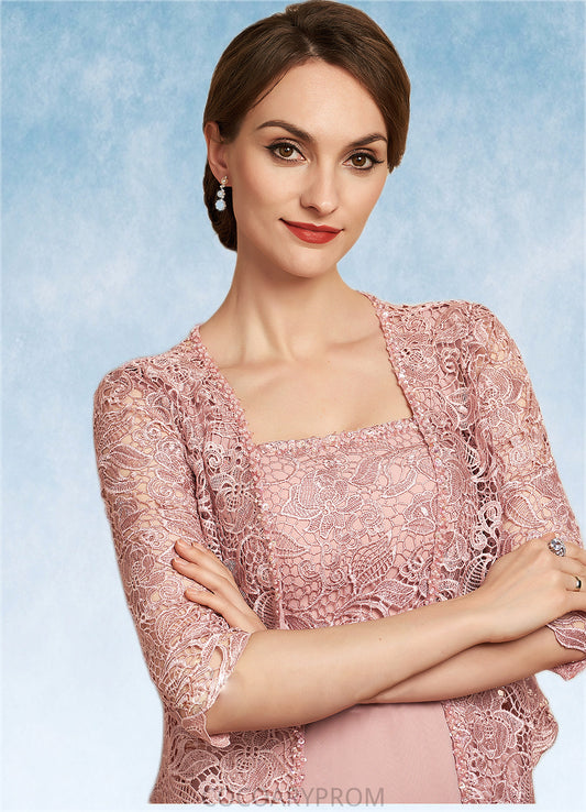 Makayla A-Line Square Neckline Tea-Length Chiffon Lace Mother of the Bride Dress With Beading Sequins DA8126P0014789