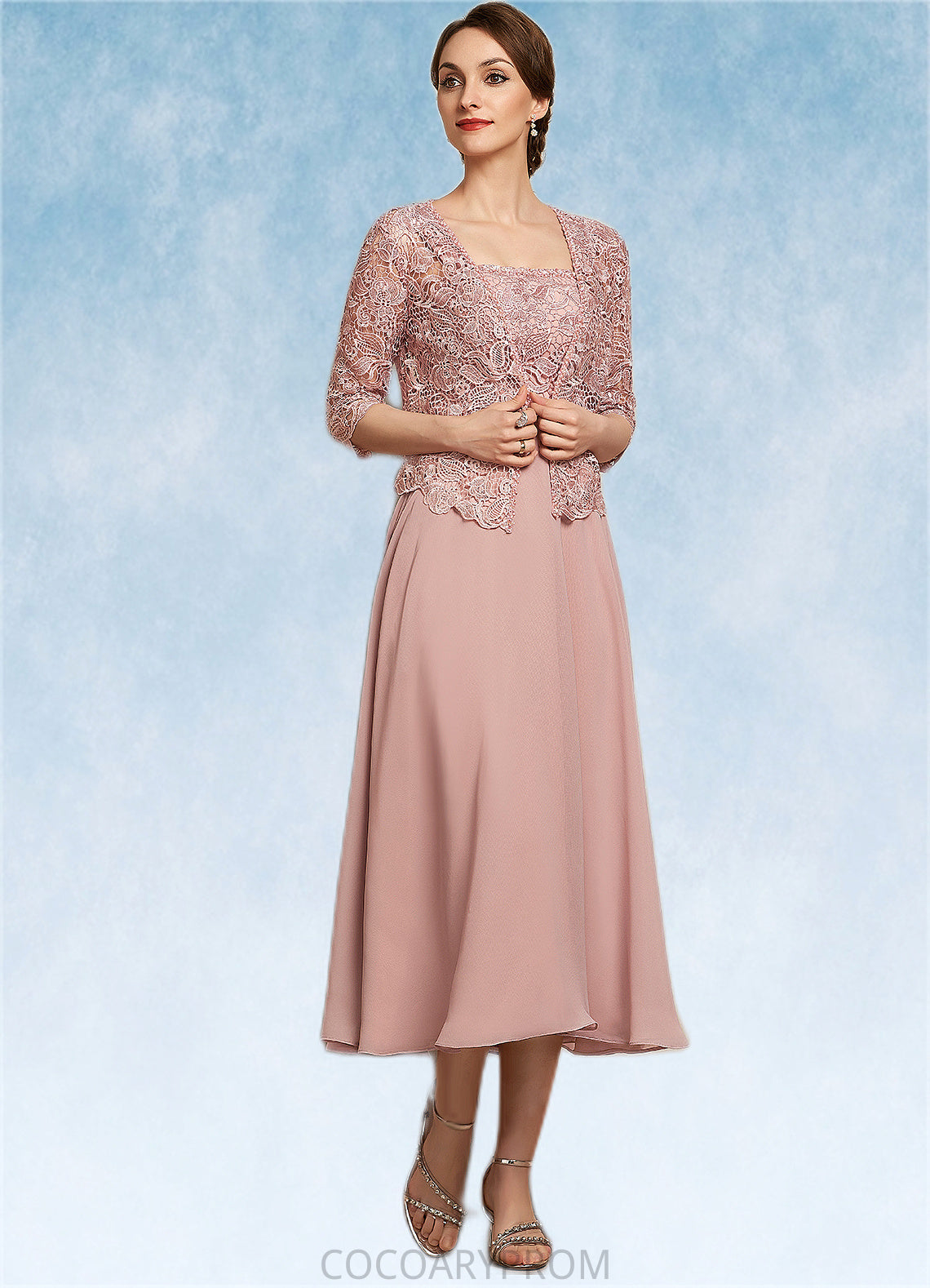 Makayla A-Line Square Neckline Tea-Length Chiffon Lace Mother of the Bride Dress With Beading Sequins DA8126P0014789