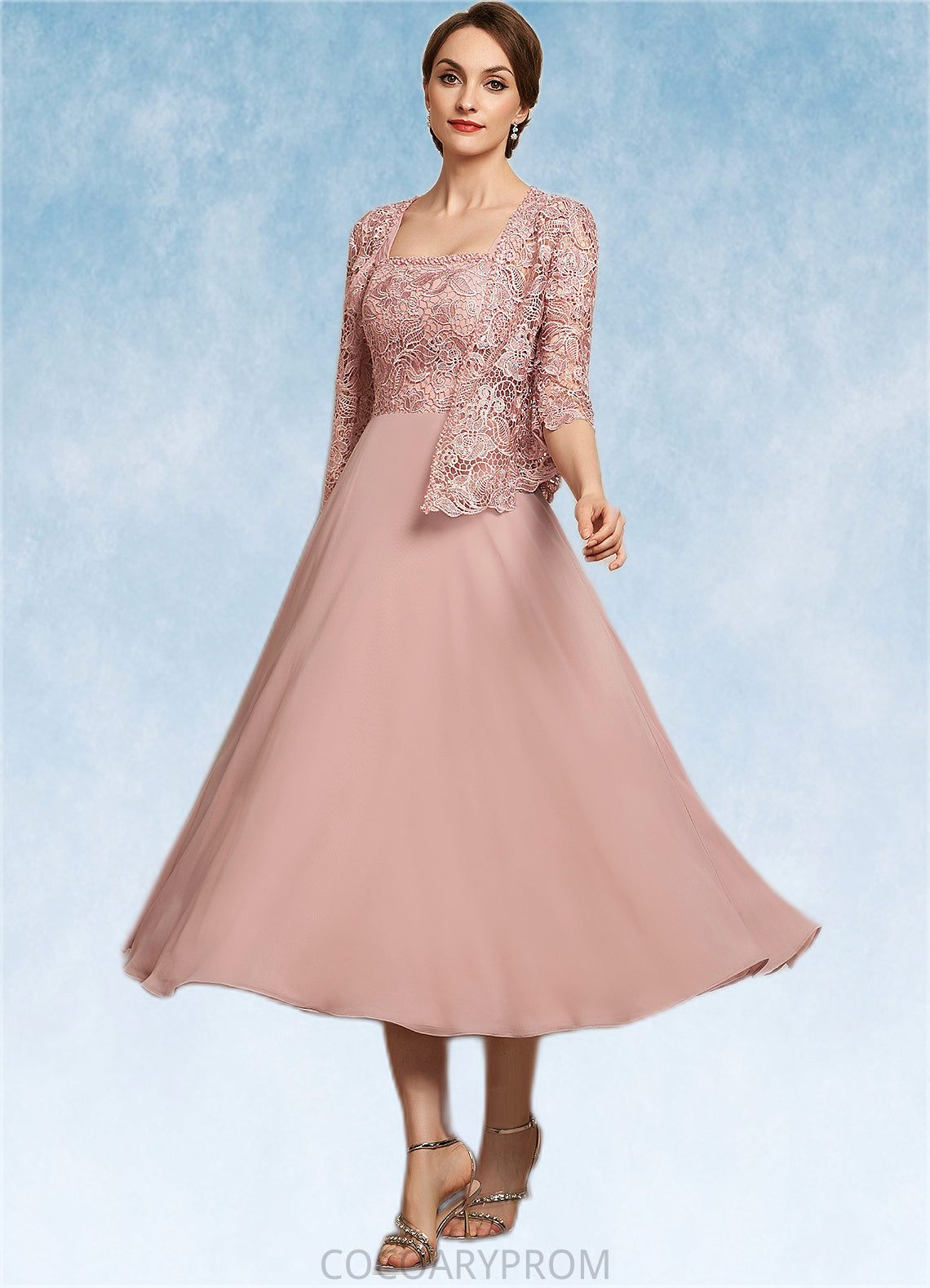 Makayla A-Line Square Neckline Tea-Length Chiffon Lace Mother of the Bride Dress With Beading Sequins DA8126P0014789