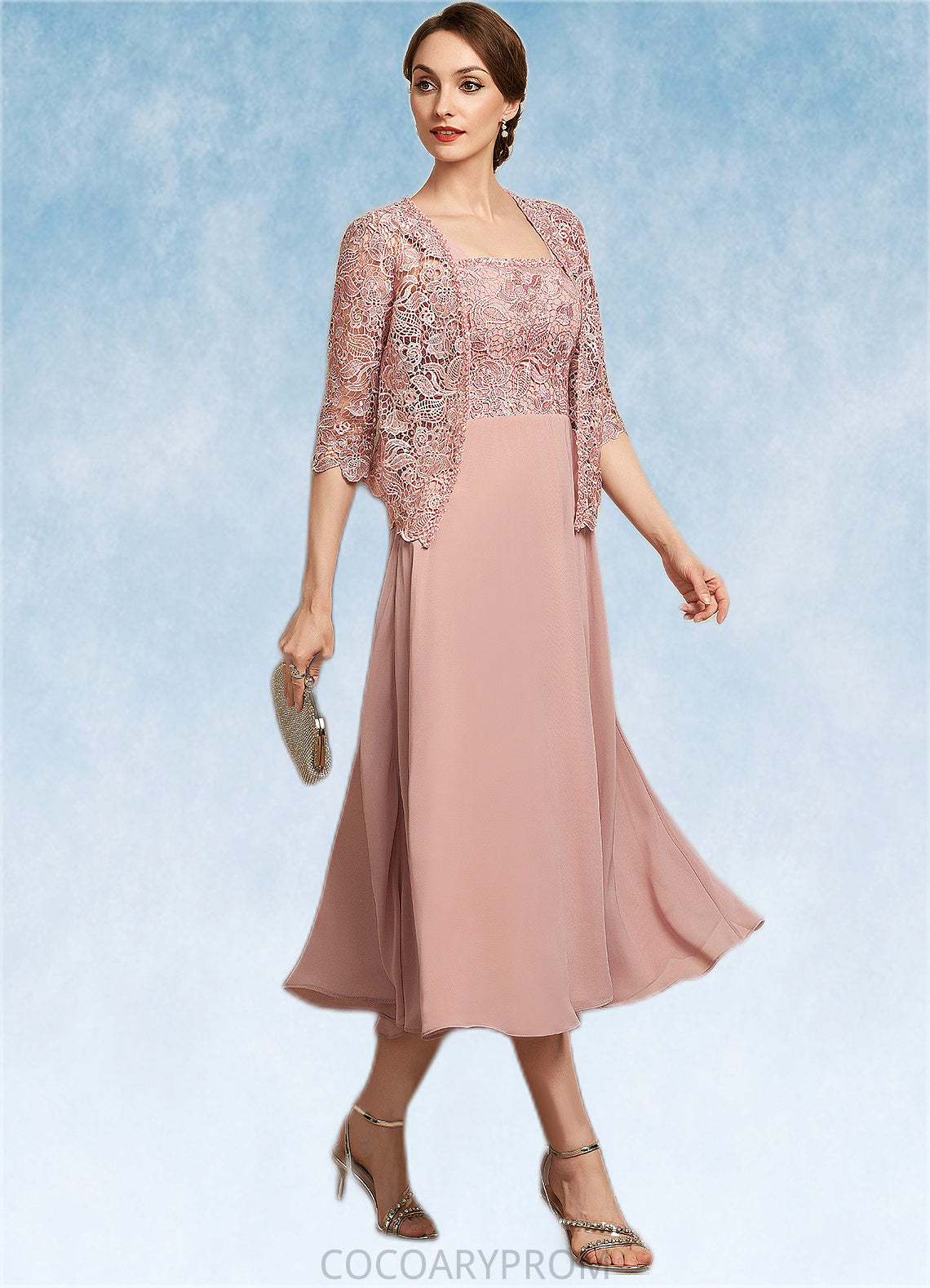 Makayla A-Line Square Neckline Tea-Length Chiffon Lace Mother of the Bride Dress With Beading Sequins DA8126P0014789