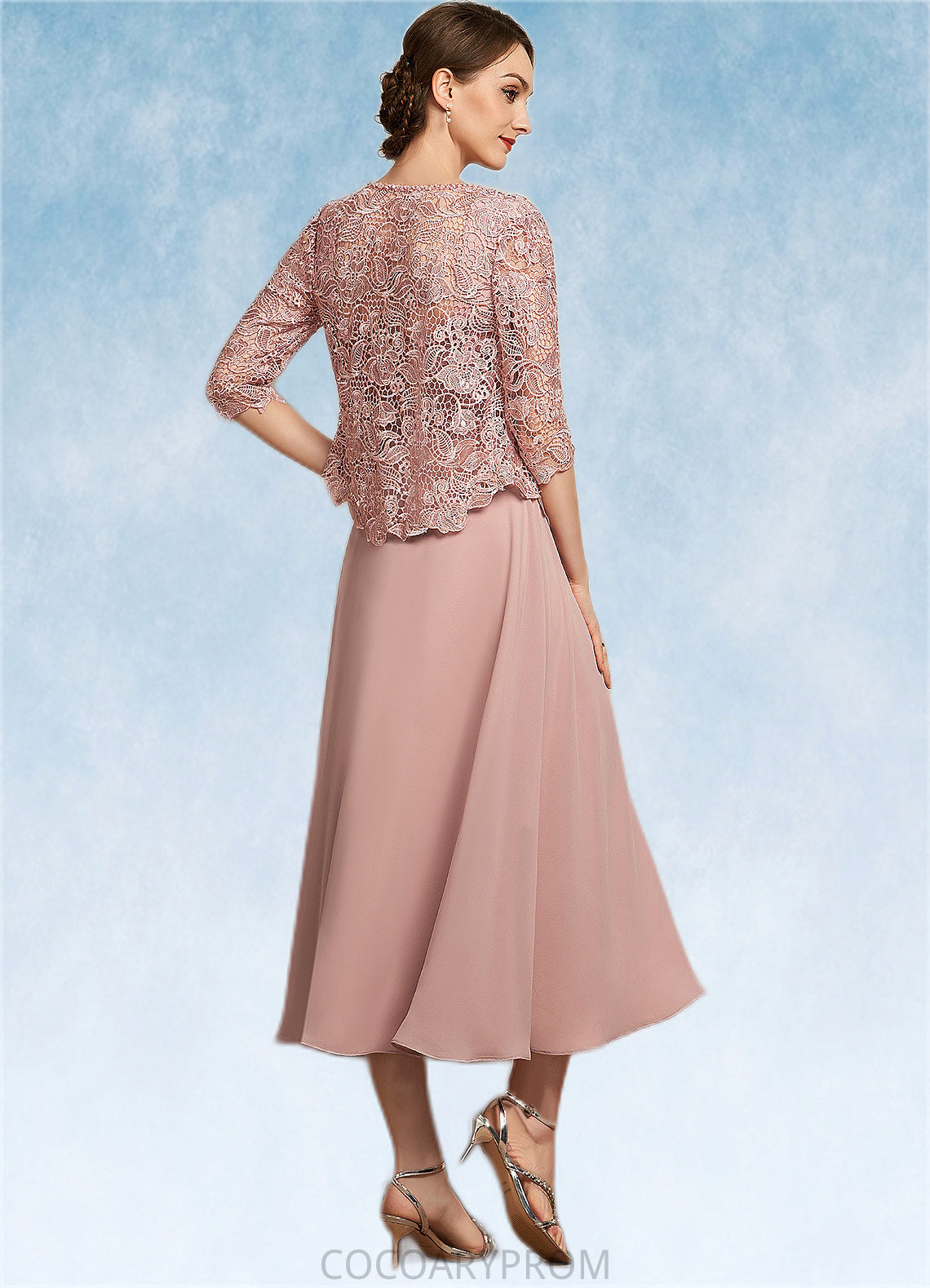 Makayla A-Line Square Neckline Tea-Length Chiffon Lace Mother of the Bride Dress With Beading Sequins DA8126P0014789