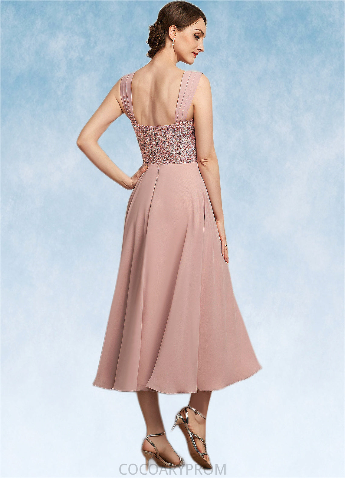 Makayla A-Line Square Neckline Tea-Length Chiffon Lace Mother of the Bride Dress With Beading Sequins DA8126P0014789