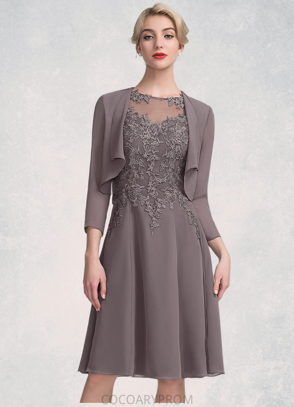 Mercedes A-Line Scoop Neck Knee-Length Chiffon Lace Mother of the Bride Dress DA8126P0014790