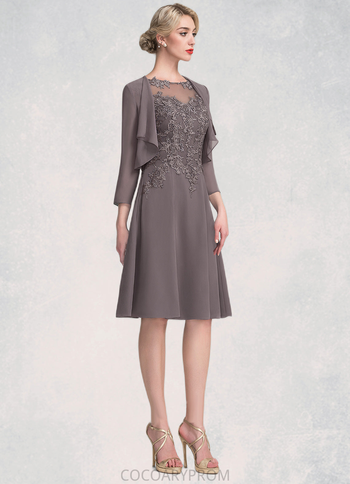 Mercedes A-Line Scoop Neck Knee-Length Chiffon Lace Mother of the Bride Dress DA8126P0014790