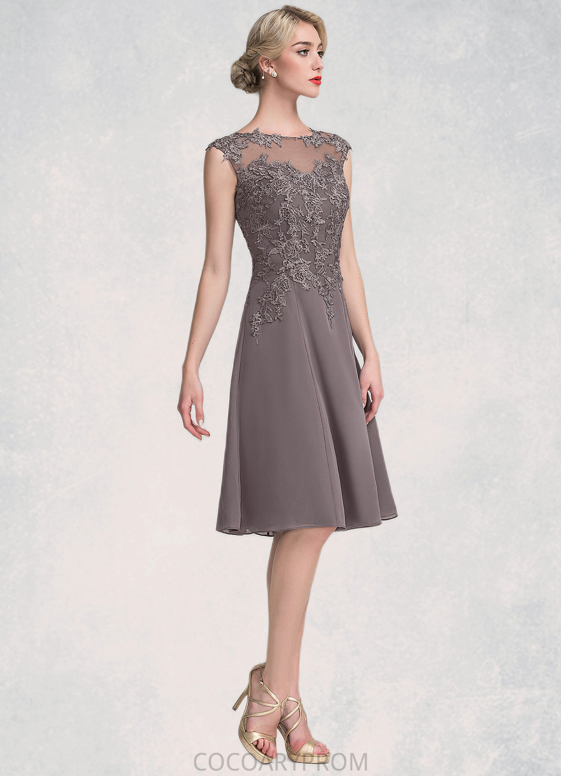 Mercedes A-Line Scoop Neck Knee-Length Chiffon Lace Mother of the Bride Dress DA8126P0014790