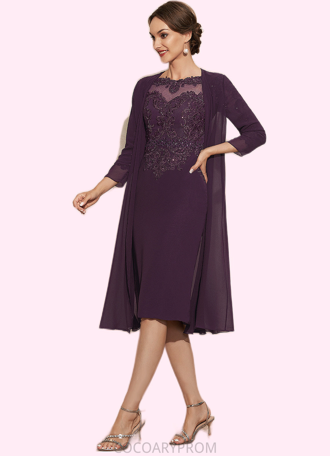 Sydney Sheath/Column Scoop Neck Knee-Length Chiffon Lace Mother of the Bride Dress With Beading DA8126P0014794