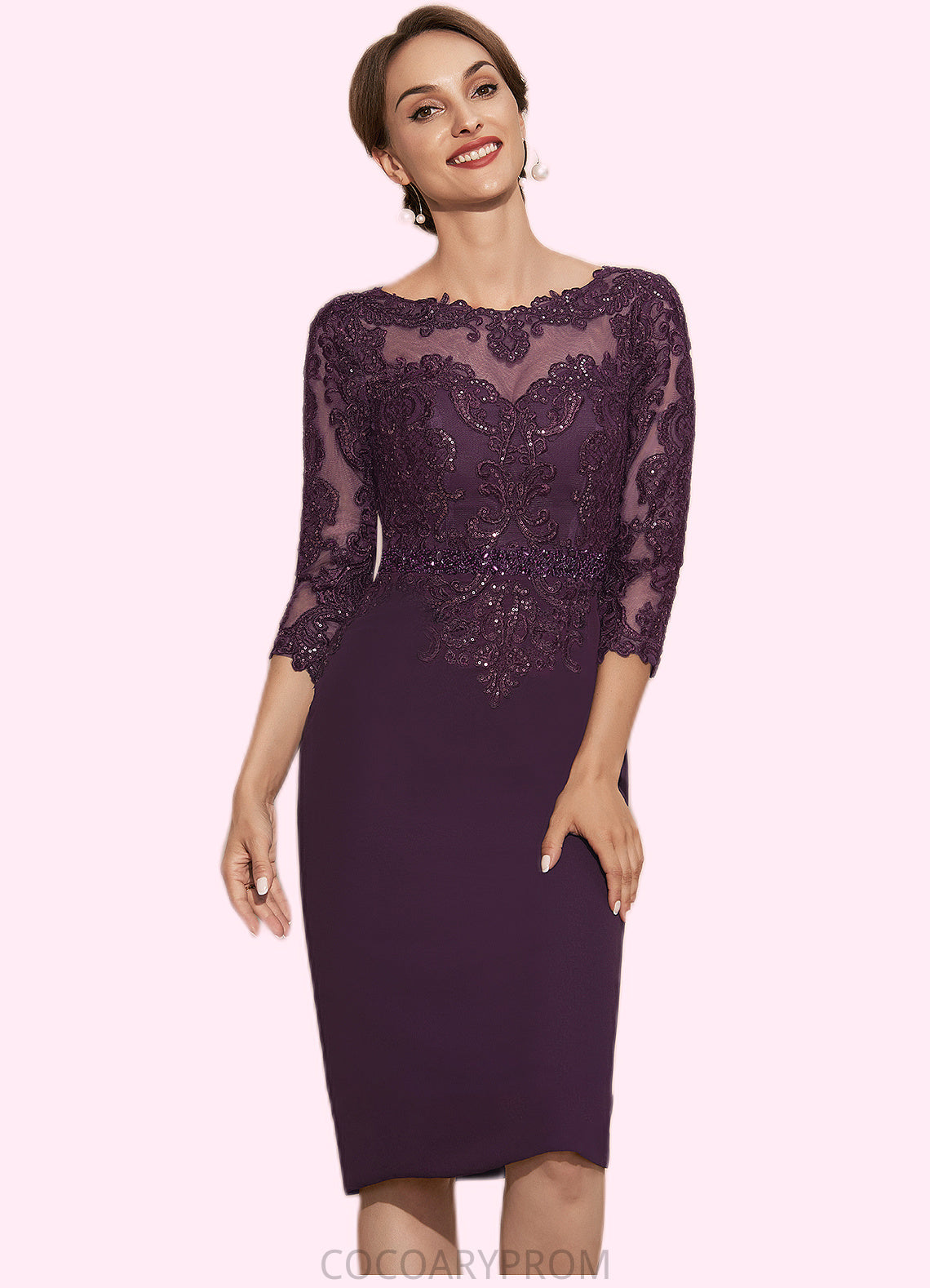 Sydney Sheath/Column Scoop Neck Knee-Length Chiffon Lace Mother of the Bride Dress With Beading DA8126P0014794