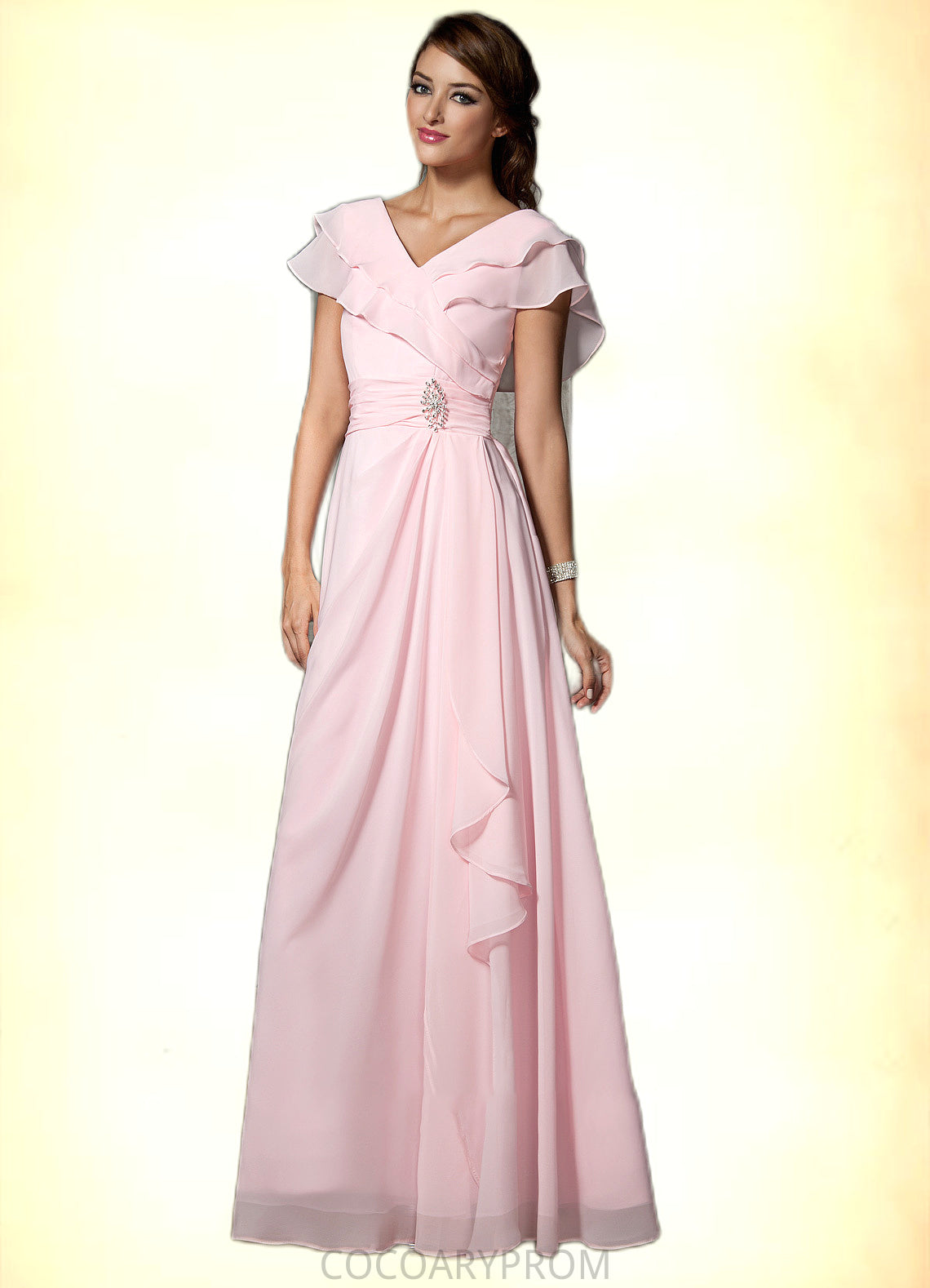 Cara A-Line V-neck Floor-Length Chiffon Mother of the Bride Dress With Crystal Brooch Cascading Ruffles DA8126P0014796