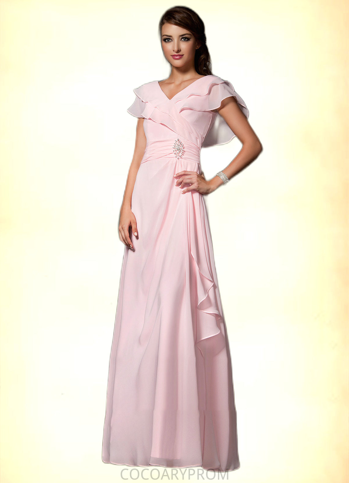 Cara A-Line V-neck Floor-Length Chiffon Mother of the Bride Dress With Crystal Brooch Cascading Ruffles DA8126P0014796