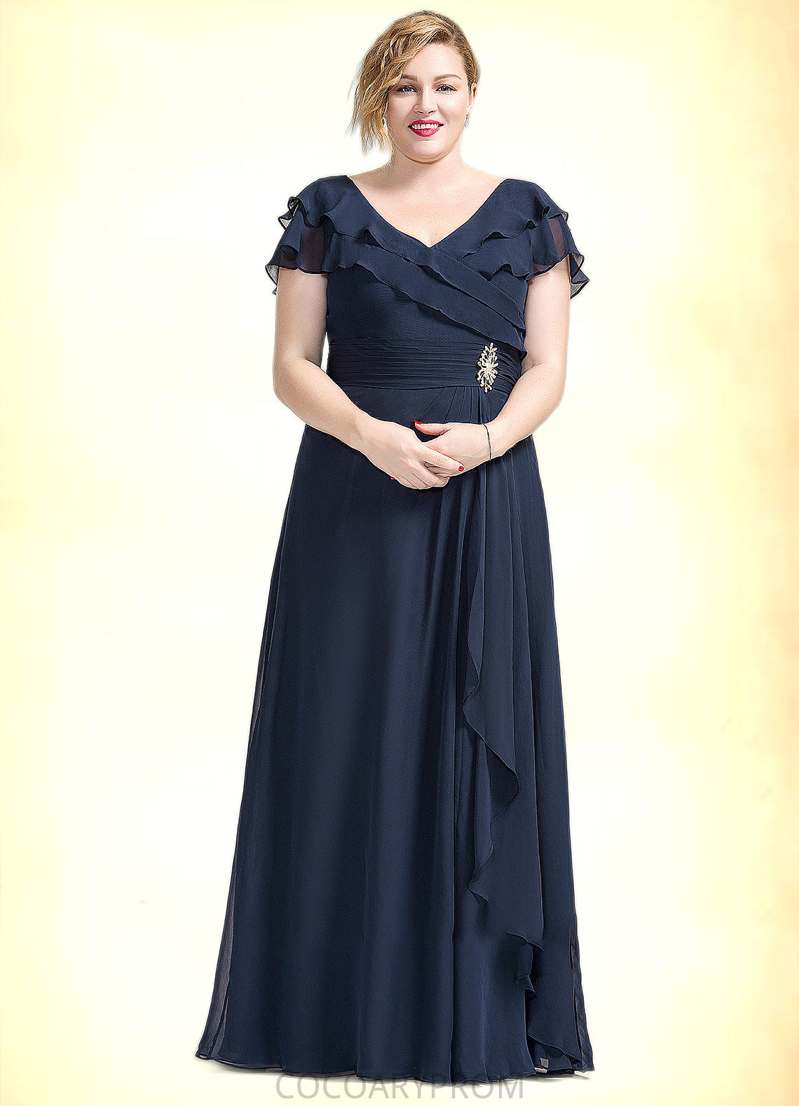 Cara A-Line V-neck Floor-Length Chiffon Mother of the Bride Dress With Crystal Brooch Cascading Ruffles DA8126P0014796