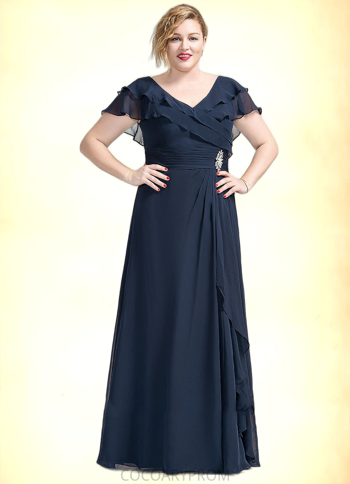 Cara A-Line V-neck Floor-Length Chiffon Mother of the Bride Dress With Crystal Brooch Cascading Ruffles DA8126P0014796