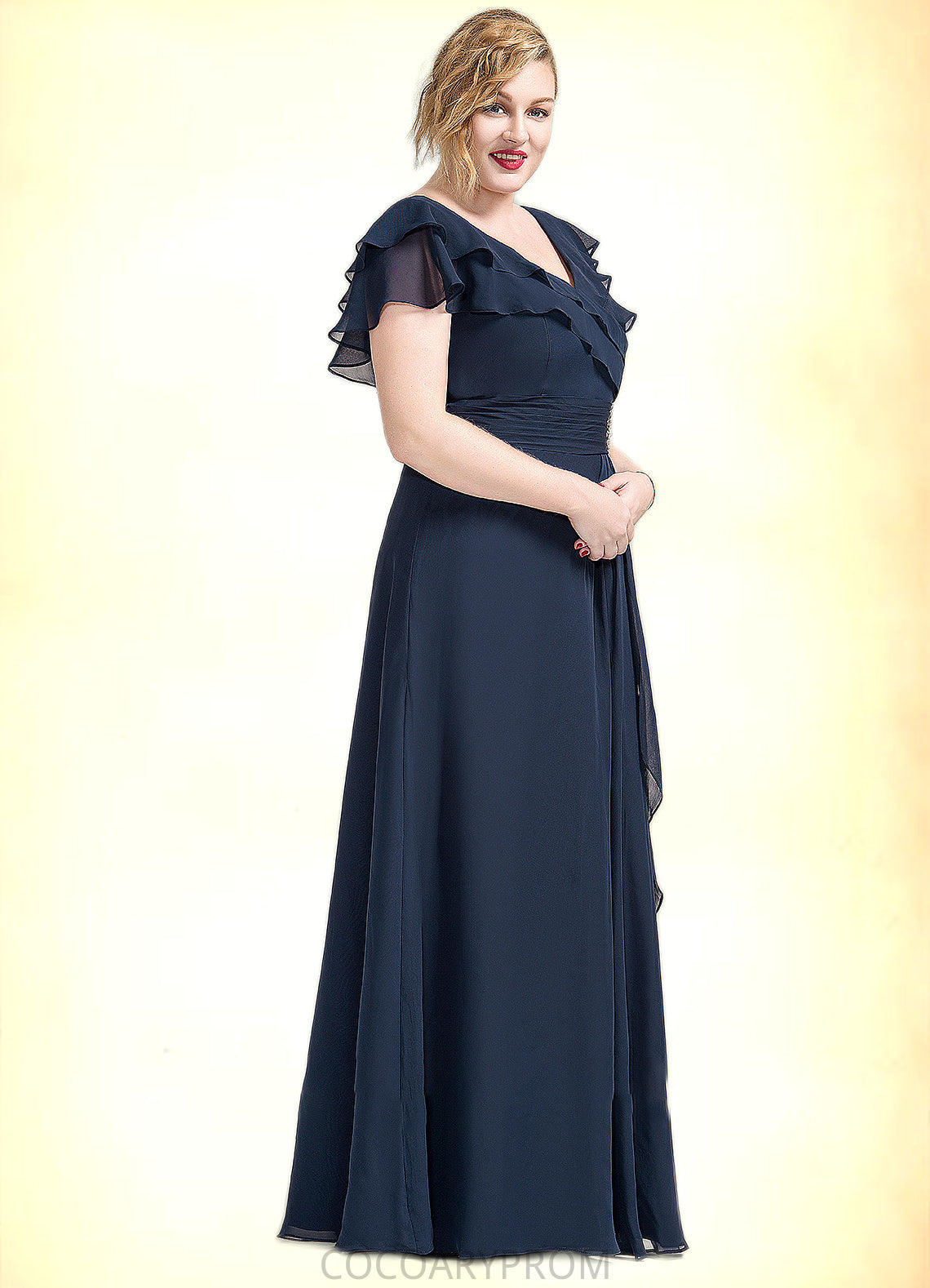 Cara A-Line V-neck Floor-Length Chiffon Mother of the Bride Dress With Crystal Brooch Cascading Ruffles DA8126P0014796