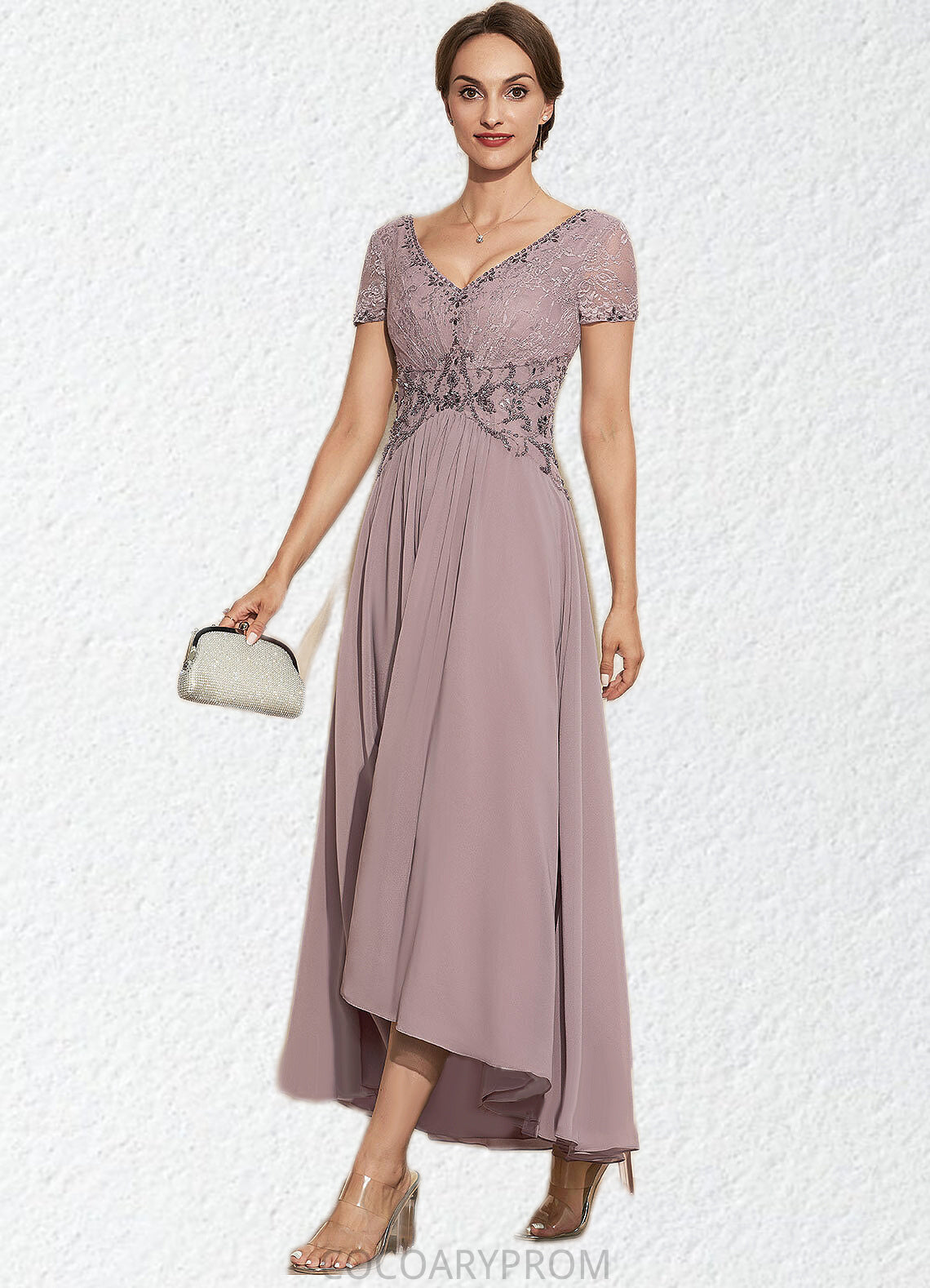 Leia A-Line V-neck Asymmetrical Chiffon Lace Mother of the Bride Dress With Beading DA8126P0014799