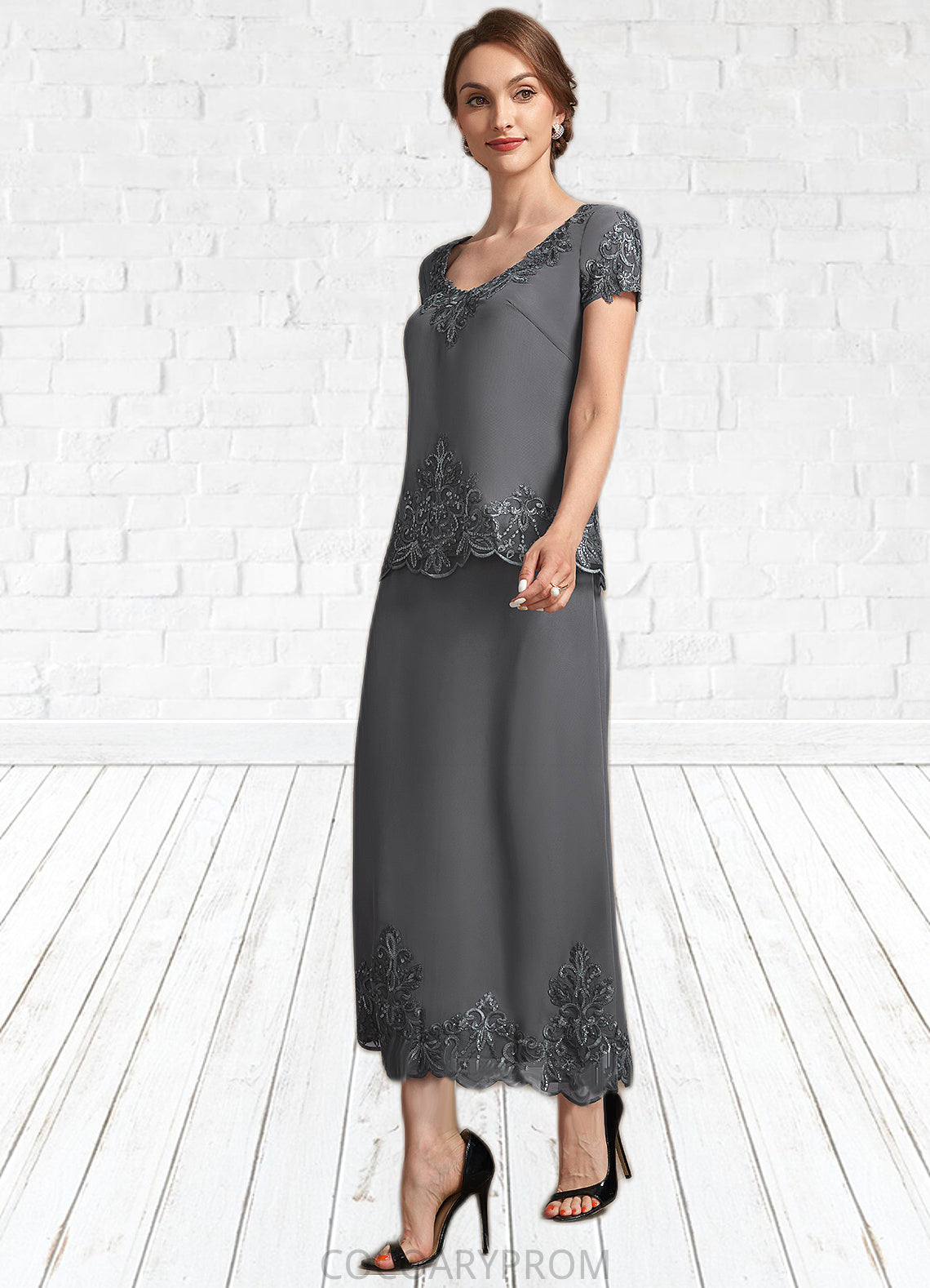 Ashly A-Line Scoop Neck Tea-Length Chiffon Lace Mother of the Bride Dress With Sequins DA8126P0014800