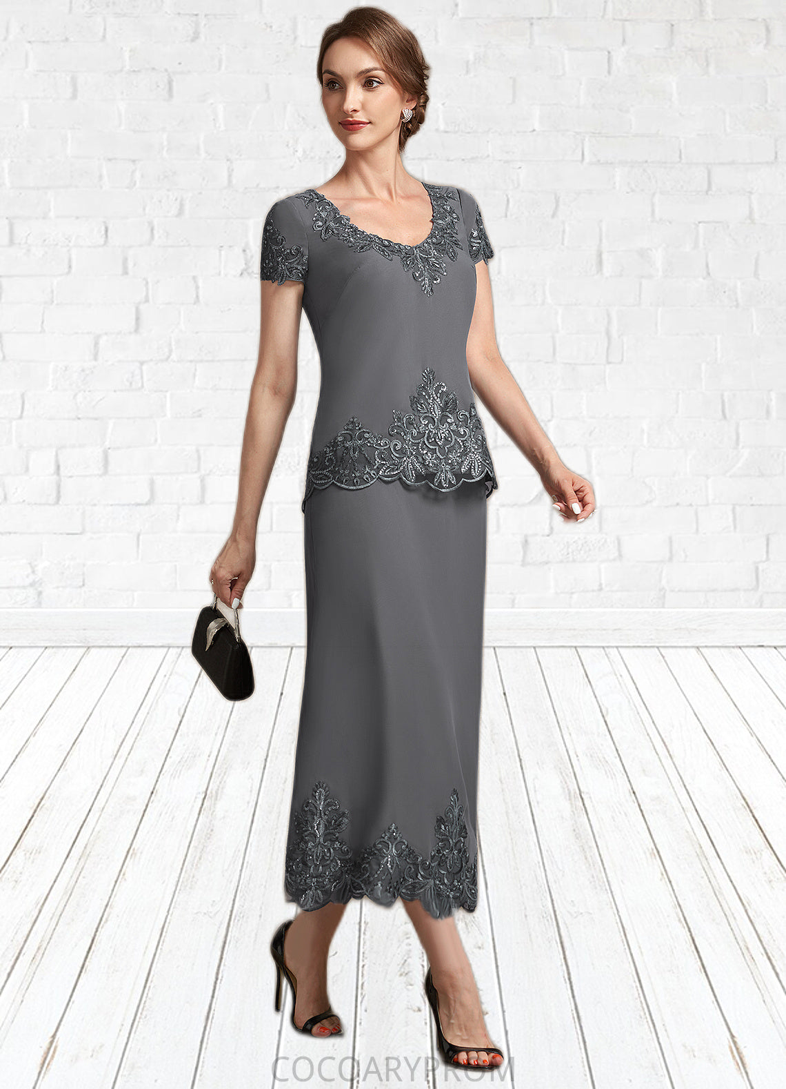 Ashly A-Line Scoop Neck Tea-Length Chiffon Lace Mother of the Bride Dress With Sequins DA8126P0014800