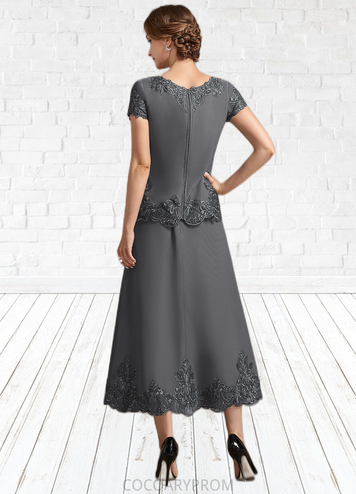 Ashly A-Line Scoop Neck Tea-Length Chiffon Lace Mother of the Bride Dress With Sequins DA8126P0014800