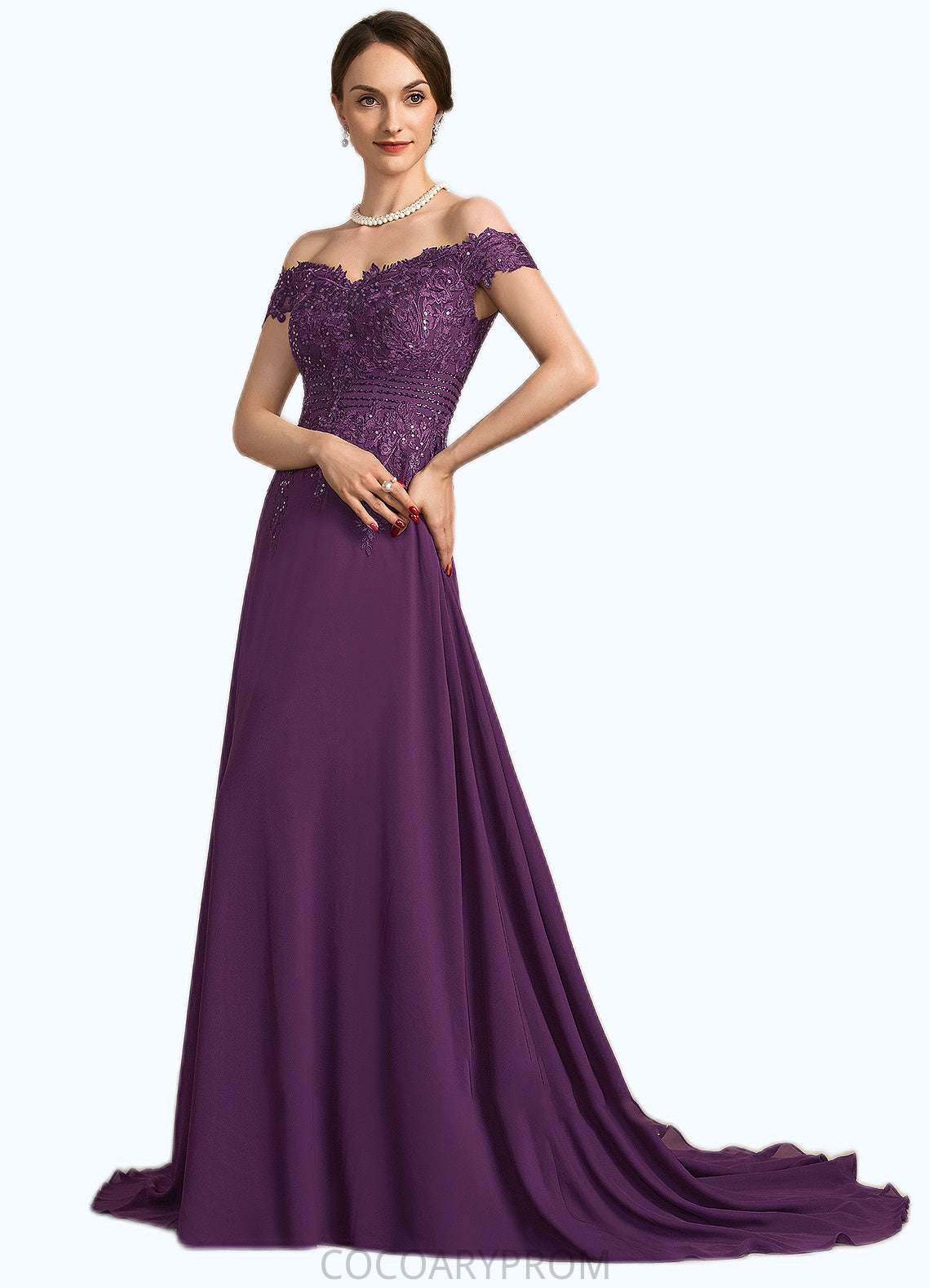 Isis A-Line Off-the-Shoulder Sweep Train Chiffon Lace Mother of the Bride Dress With Beading Sequins DA8126P0014801