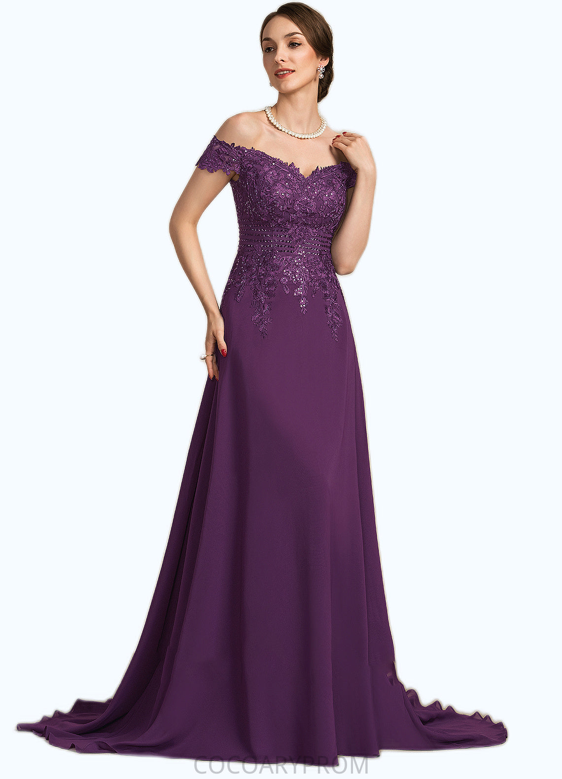 Isis A-Line Off-the-Shoulder Sweep Train Chiffon Lace Mother of the Bride Dress With Beading Sequins DA8126P0014801