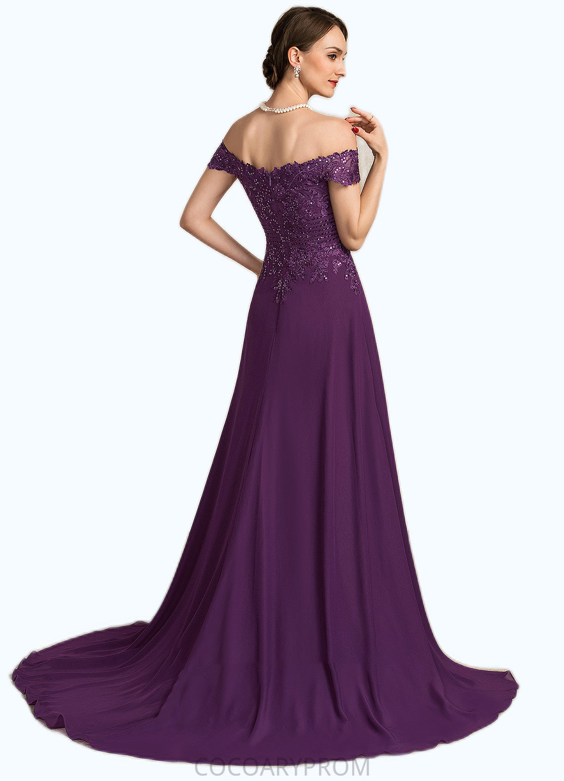 Isis A-Line Off-the-Shoulder Sweep Train Chiffon Lace Mother of the Bride Dress With Beading Sequins DA8126P0014801