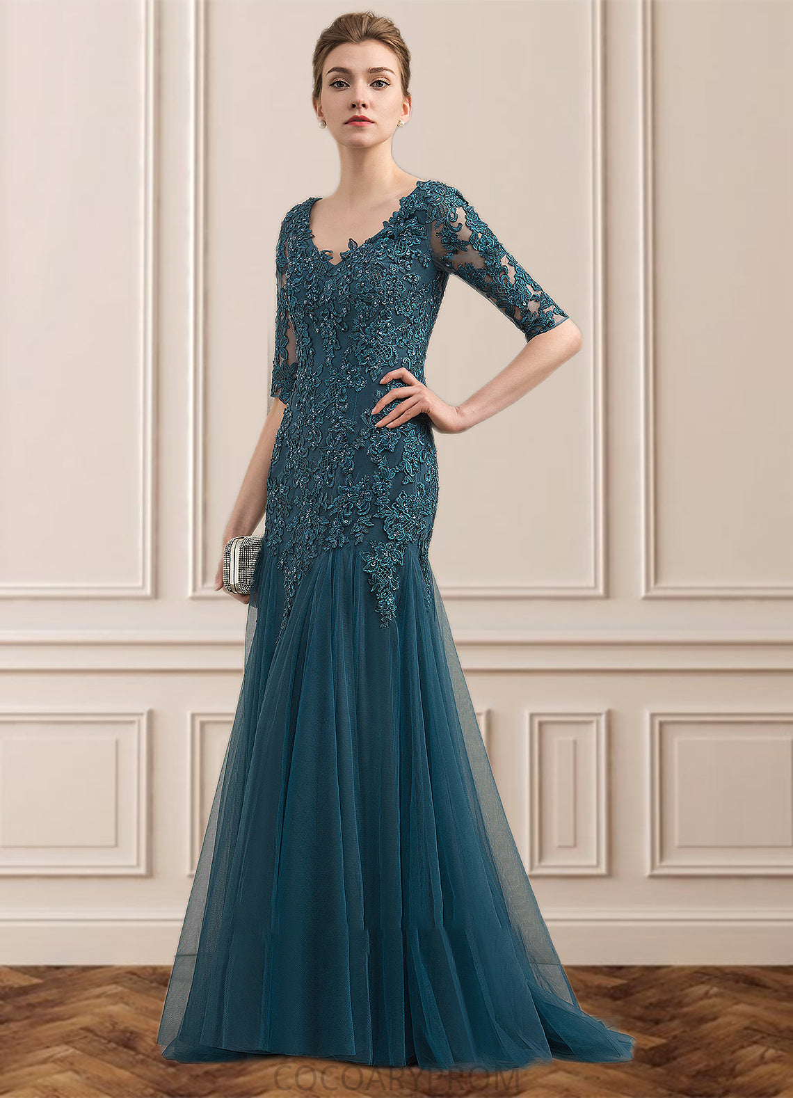 Madge Trumpet/Mermaid V-neck Sweep Train Tulle Lace Mother of the Bride Dress With Beading Sequins DA8126P0014804