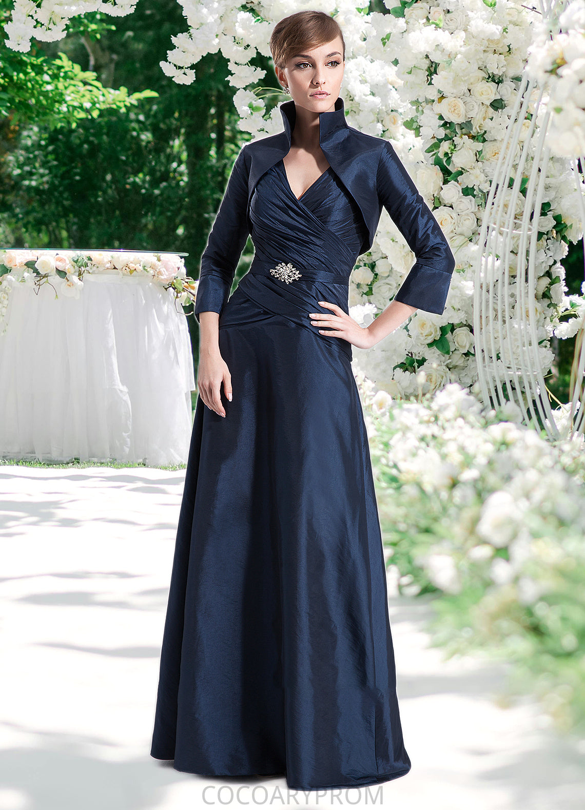 Alissa A-Line V-neck Floor-Length Taffeta Mother of the Bride Dress With Ruffle Beading DA8126P0014807