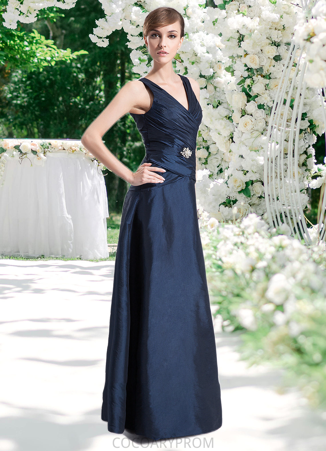 Alissa A-Line V-neck Floor-Length Taffeta Mother of the Bride Dress With Ruffle Beading DA8126P0014807