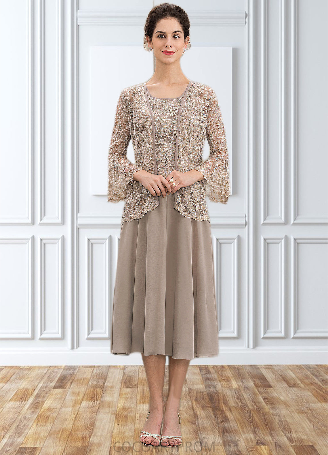 Skyler A-Line Scoop Neck Tea-Length Chiffon Lace Mother of the Bride Dress With Sequins DA8126P0014816