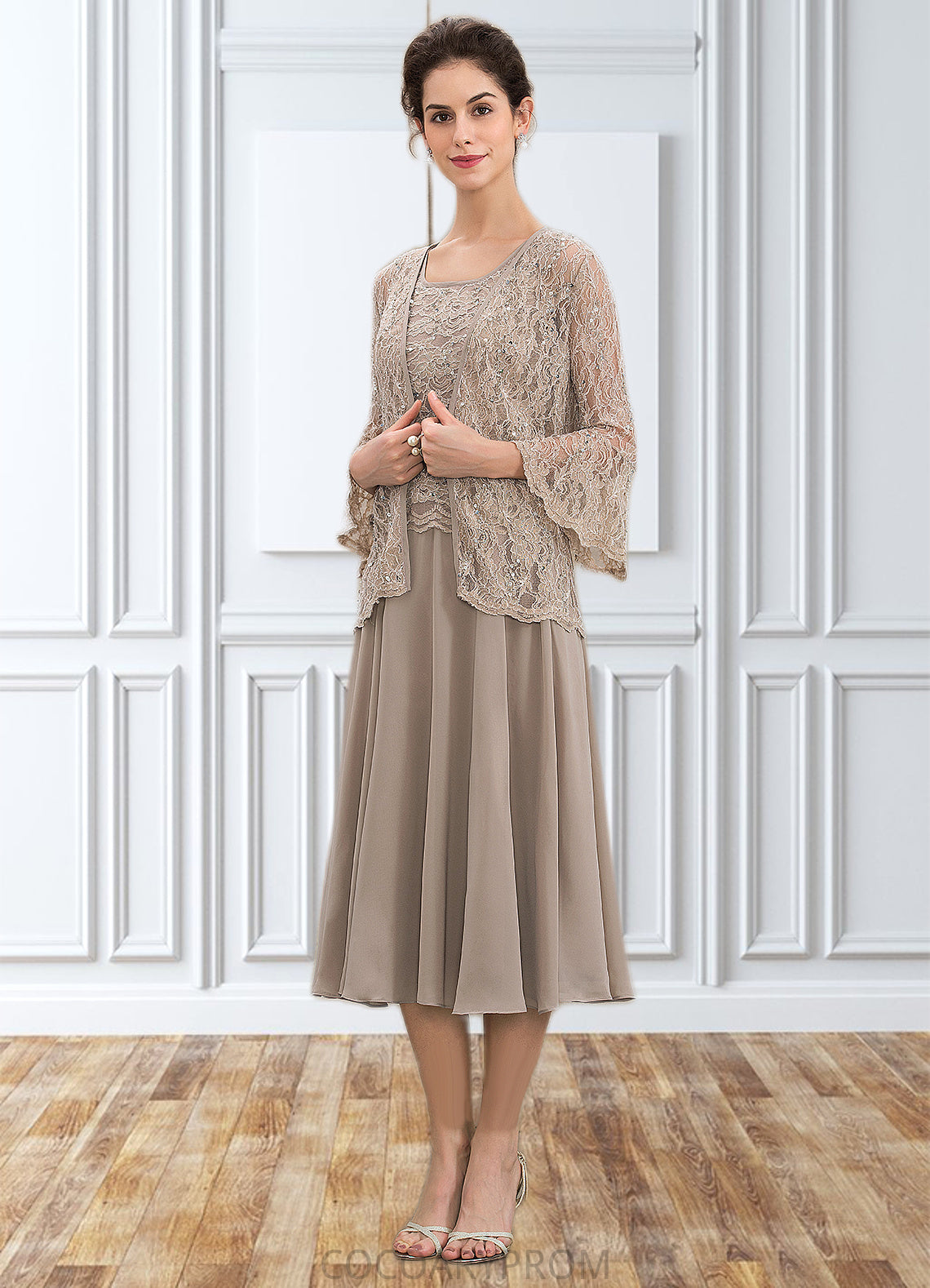 Skyler A-Line Scoop Neck Tea-Length Chiffon Lace Mother of the Bride Dress With Sequins DA8126P0014816