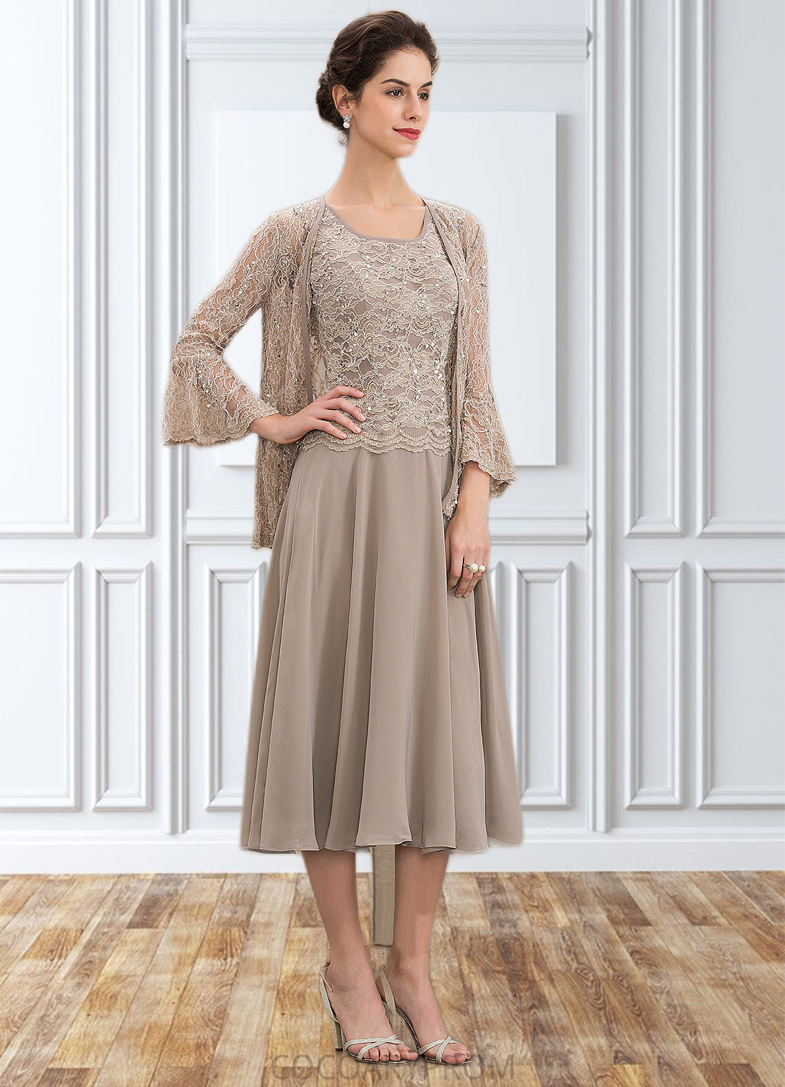 Skyler A-Line Scoop Neck Tea-Length Chiffon Lace Mother of the Bride Dress With Sequins DA8126P0014816