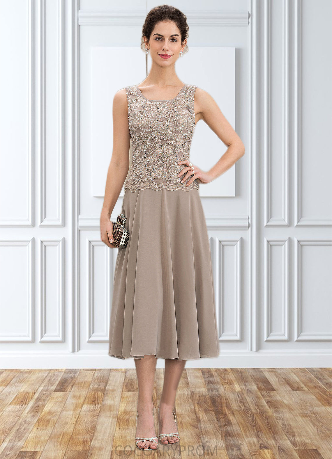 Skyler A-Line Scoop Neck Tea-Length Chiffon Lace Mother of the Bride Dress With Sequins DA8126P0014816