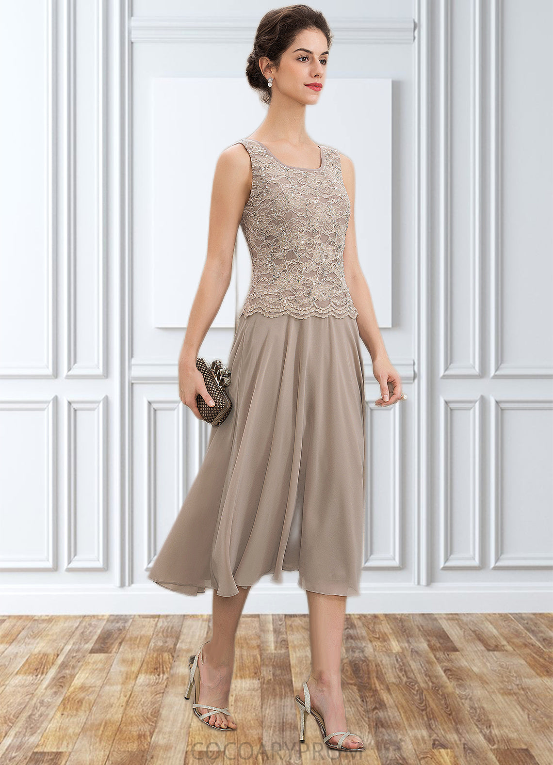 Skyler A-Line Scoop Neck Tea-Length Chiffon Lace Mother of the Bride Dress With Sequins DA8126P0014816