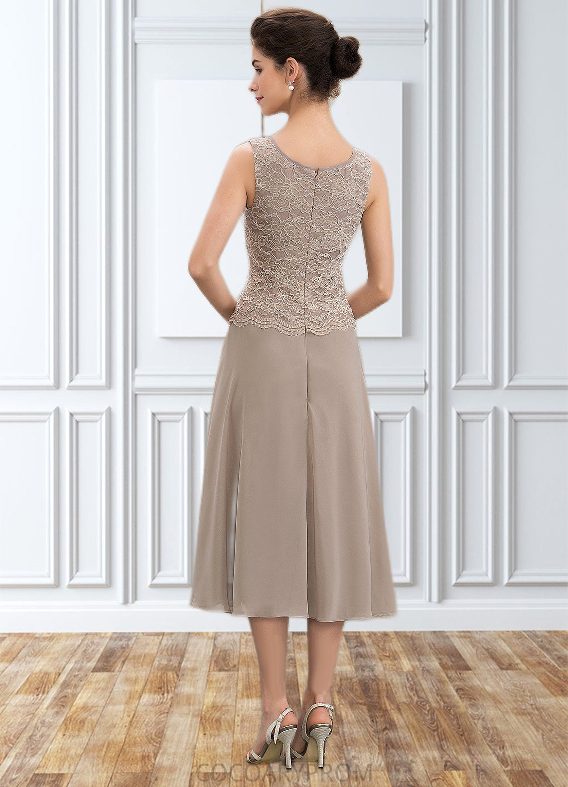 Skyler A-Line Scoop Neck Tea-Length Chiffon Lace Mother of the Bride Dress With Sequins DA8126P0014816