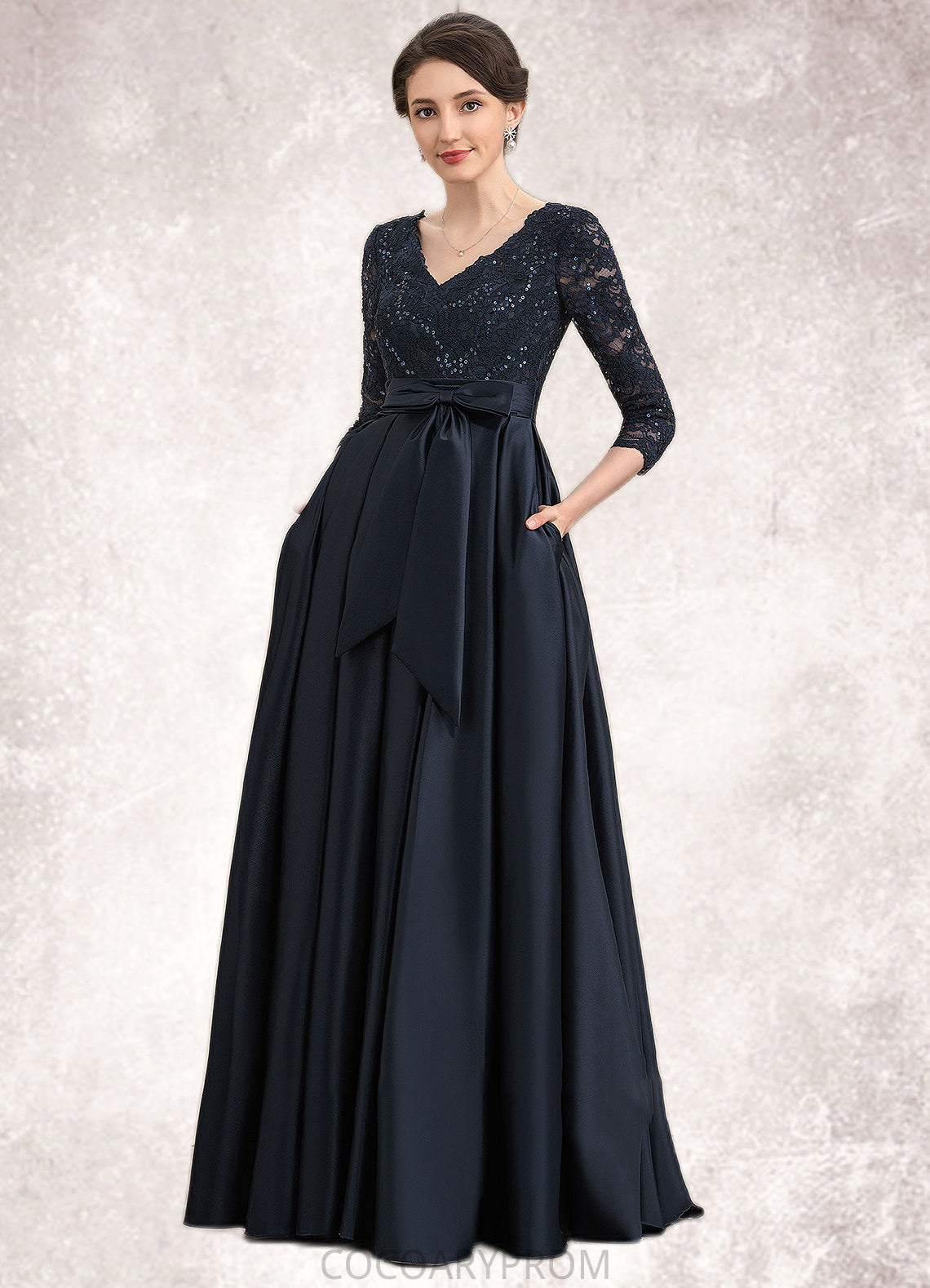 Salome A-Line V-neck Floor-Length Satin Lace Mother of the Bride Dress With Sequins Bow(s) Pockets DA8126P0014820