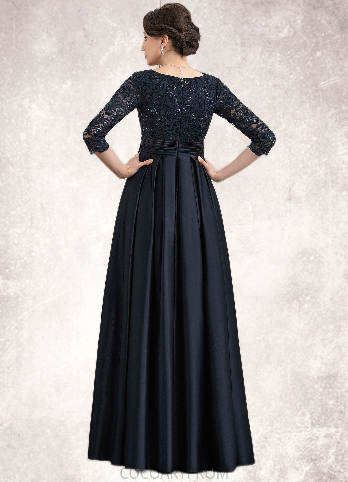 Salome A-Line V-neck Floor-Length Satin Lace Mother of the Bride Dress With Sequins Bow(s) Pockets DA8126P0014820