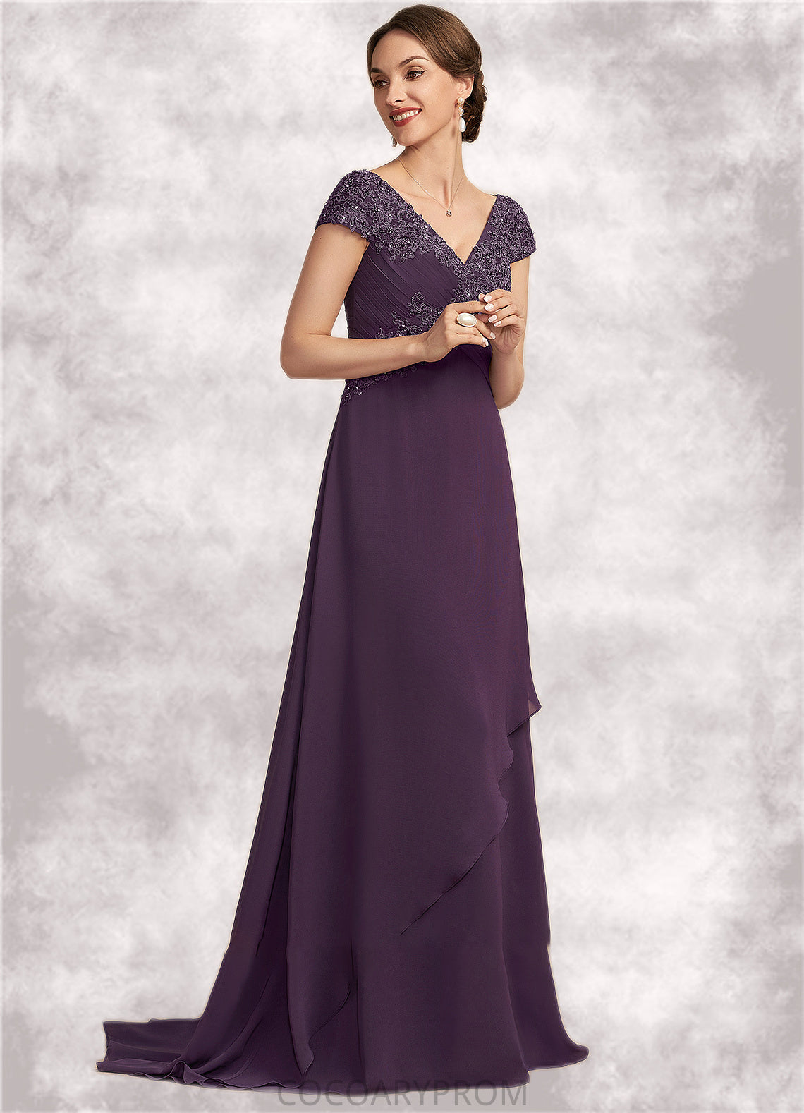 Michaela A-Line V-neck Sweep Train Chiffon Lace Mother of the Bride Dress With Ruffle Beading DA8126P0014824