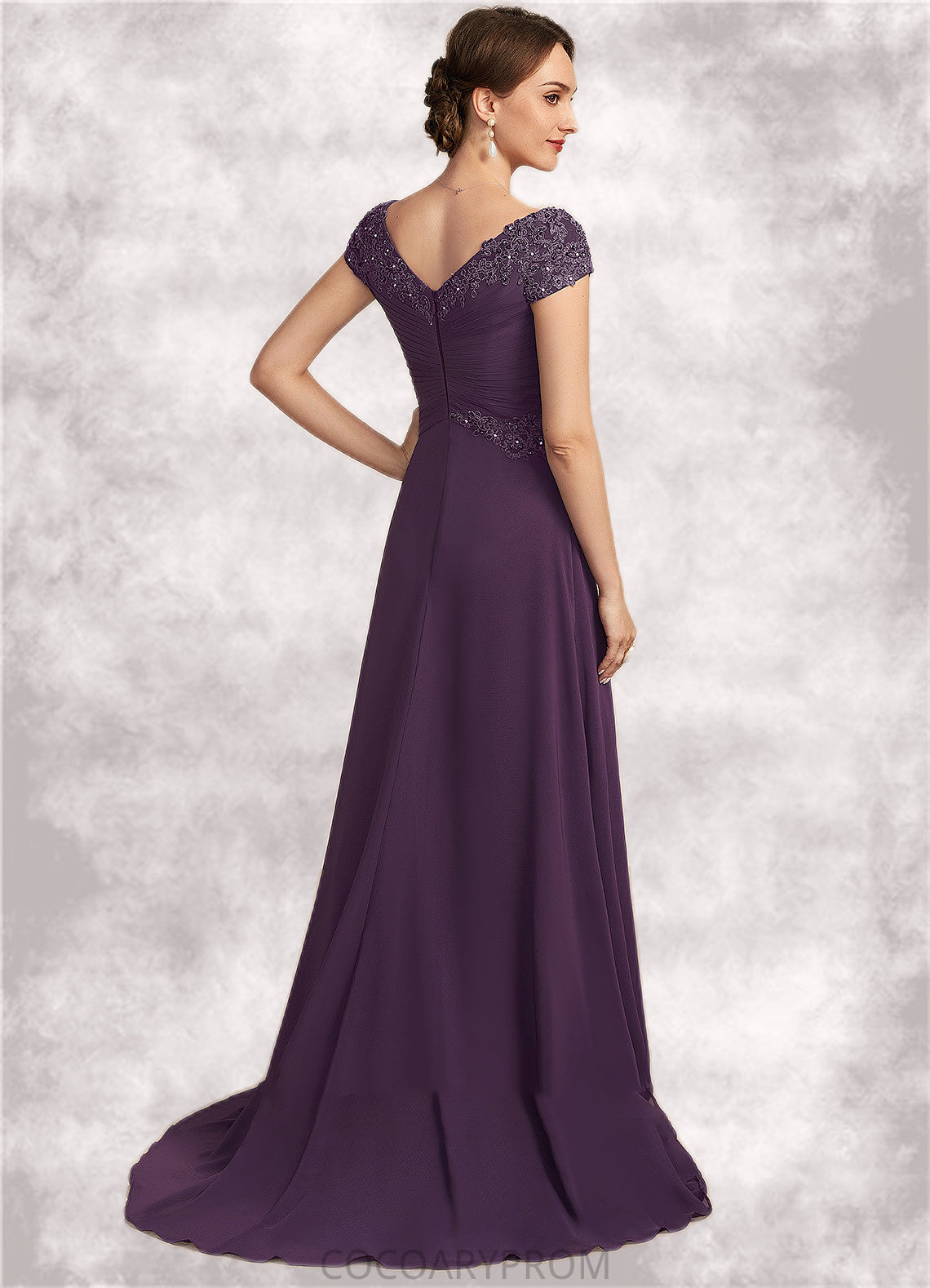 Michaela A-Line V-neck Sweep Train Chiffon Lace Mother of the Bride Dress With Ruffle Beading DA8126P0014824