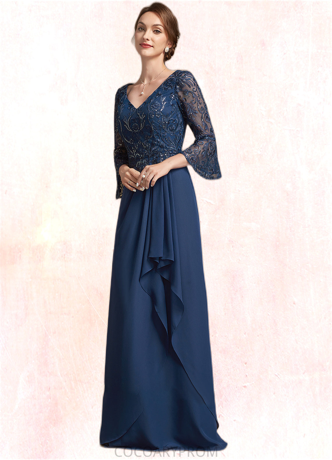 Asia A-Line V-neck Floor-Length Chiffon Lace Mother of the Bride Dress With Sequins Cascading Ruffles DA8126P0014825