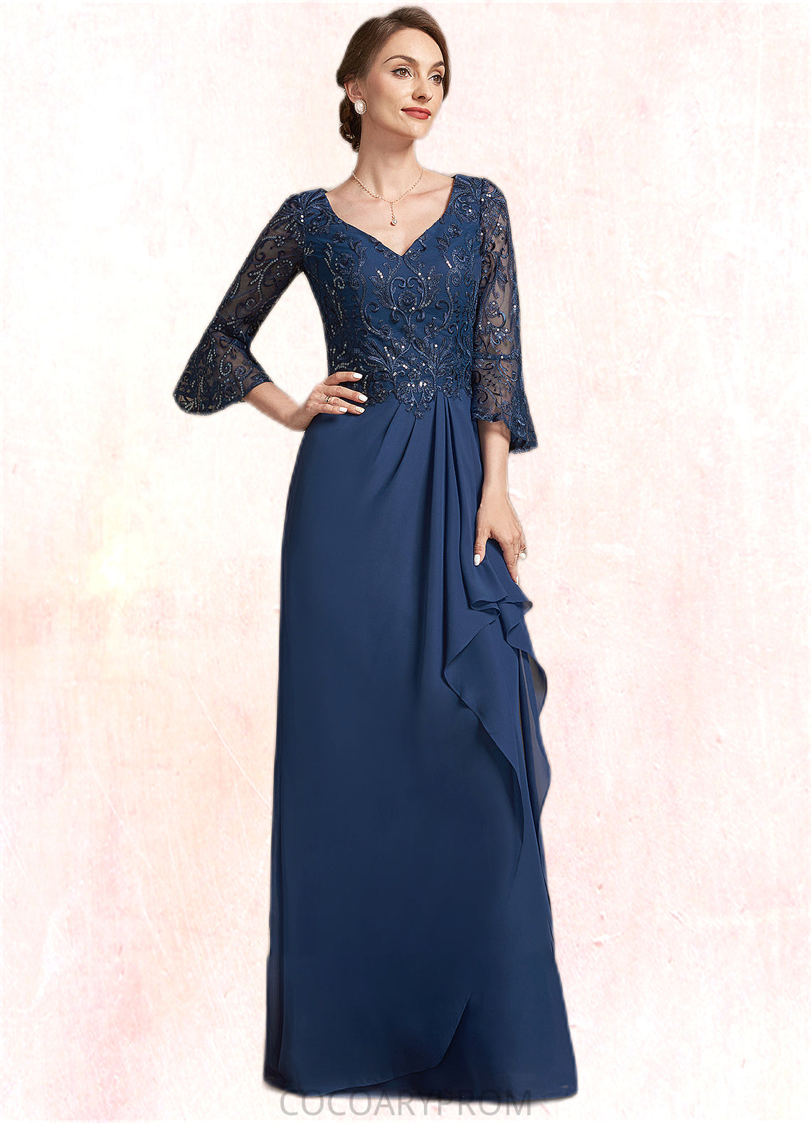 Asia A-Line V-neck Floor-Length Chiffon Lace Mother of the Bride Dress With Sequins Cascading Ruffles DA8126P0014825